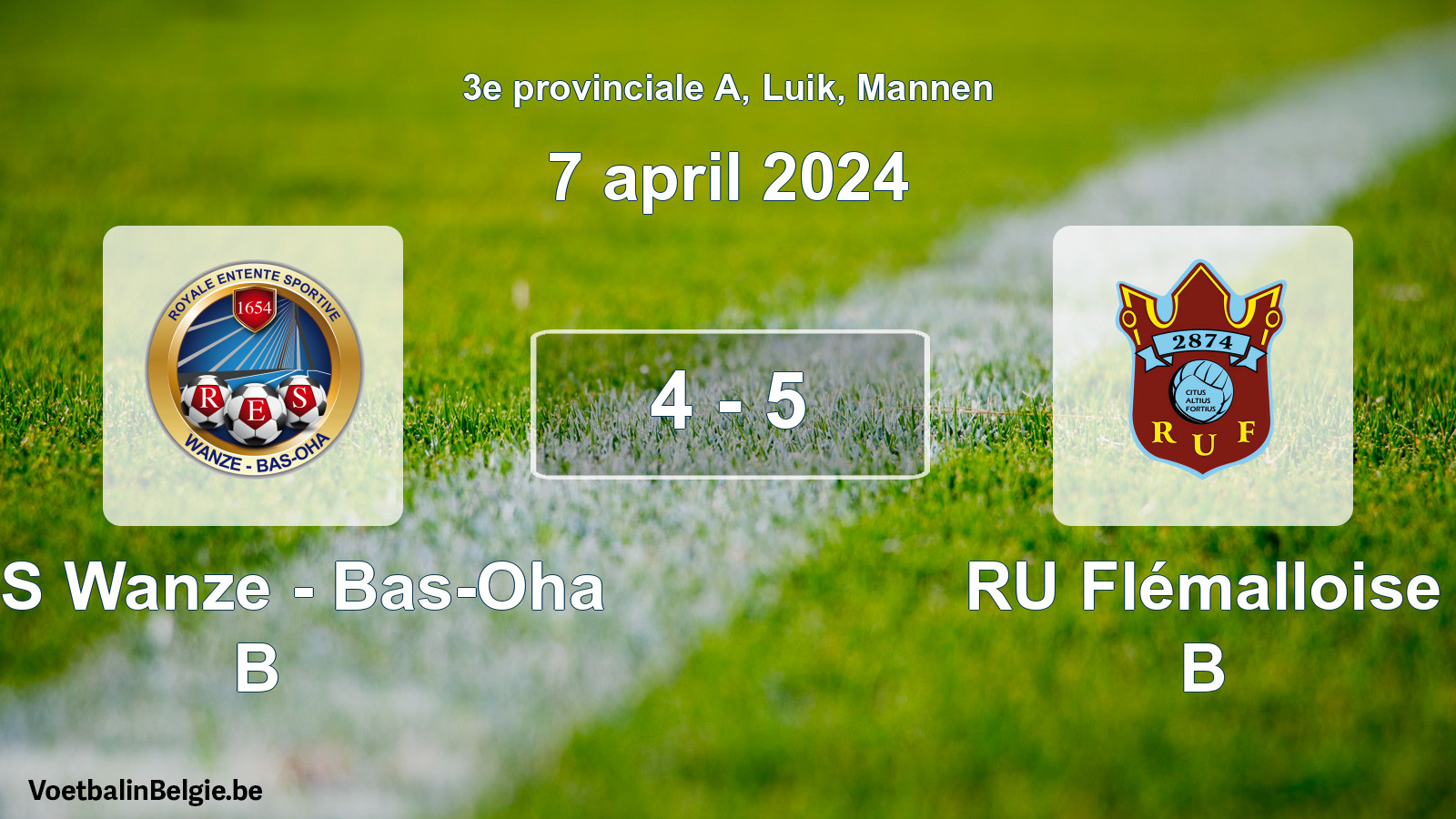 Gespeelde wedstrijd mannenvoetbal: RES Wanze - Bas-Oha B - RU Flémalloise B 4 - 5 (7 april 2024)