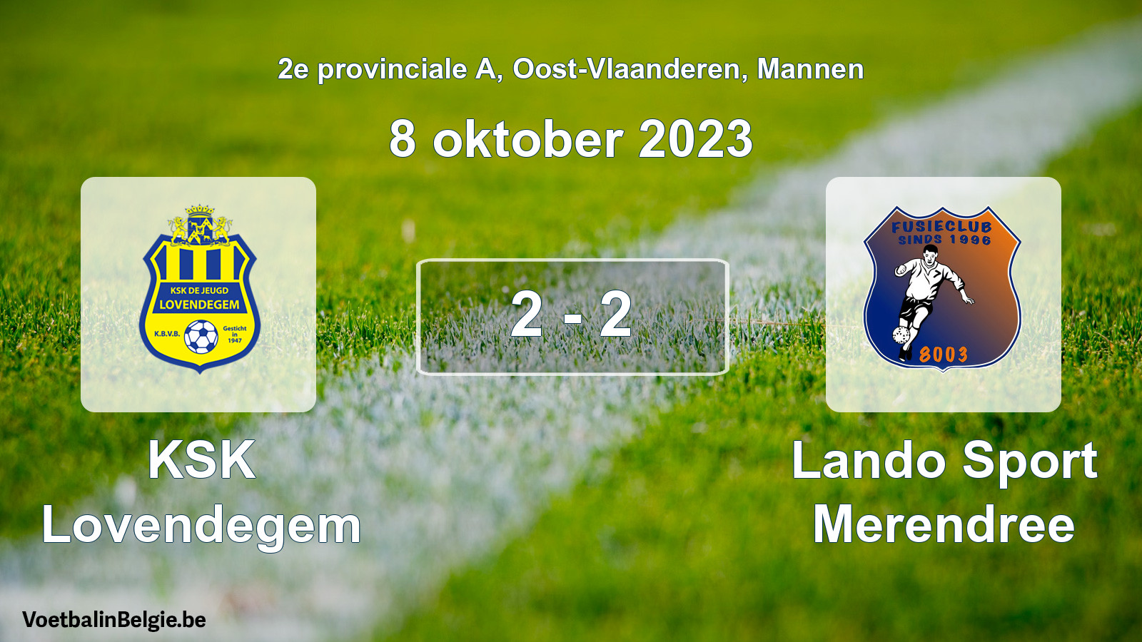 Gespeelde wedstrijd mannenvoetbal: KSK Lovendegem - Lando Sport Merendree 2 - 2 (8 oktober 2023)