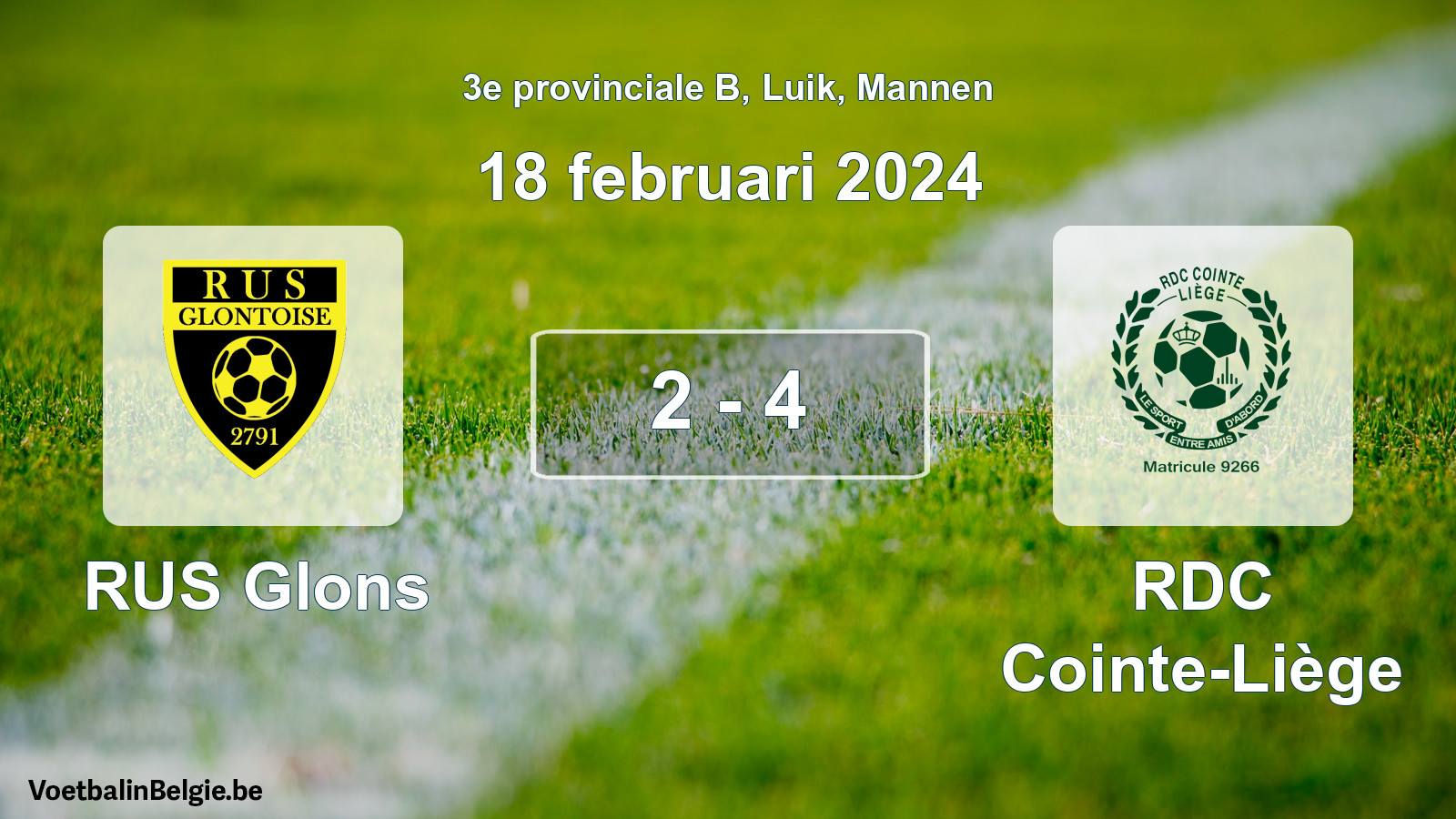 Gespeelde wedstrijd mannenvoetbal: RUS Glons - RDC Cointe-Liège 2 - 4 (18 februari 2024)