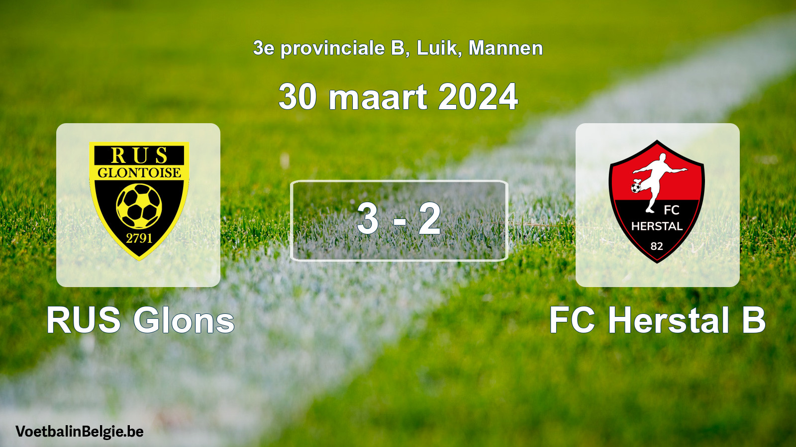 Gespeelde wedstrijd mannenvoetbal: RUS Glons - FC Herstal B 3 - 2 (30 maart 2024)