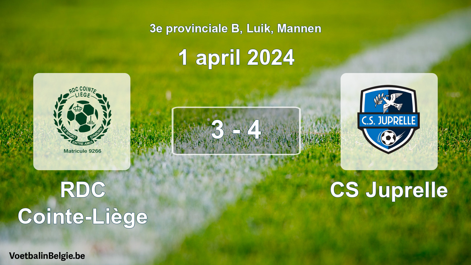 Gespeelde wedstrijd mannenvoetbal: RDC Cointe-Liège - CS Juprelle 3 - 4 (1 april 2024)