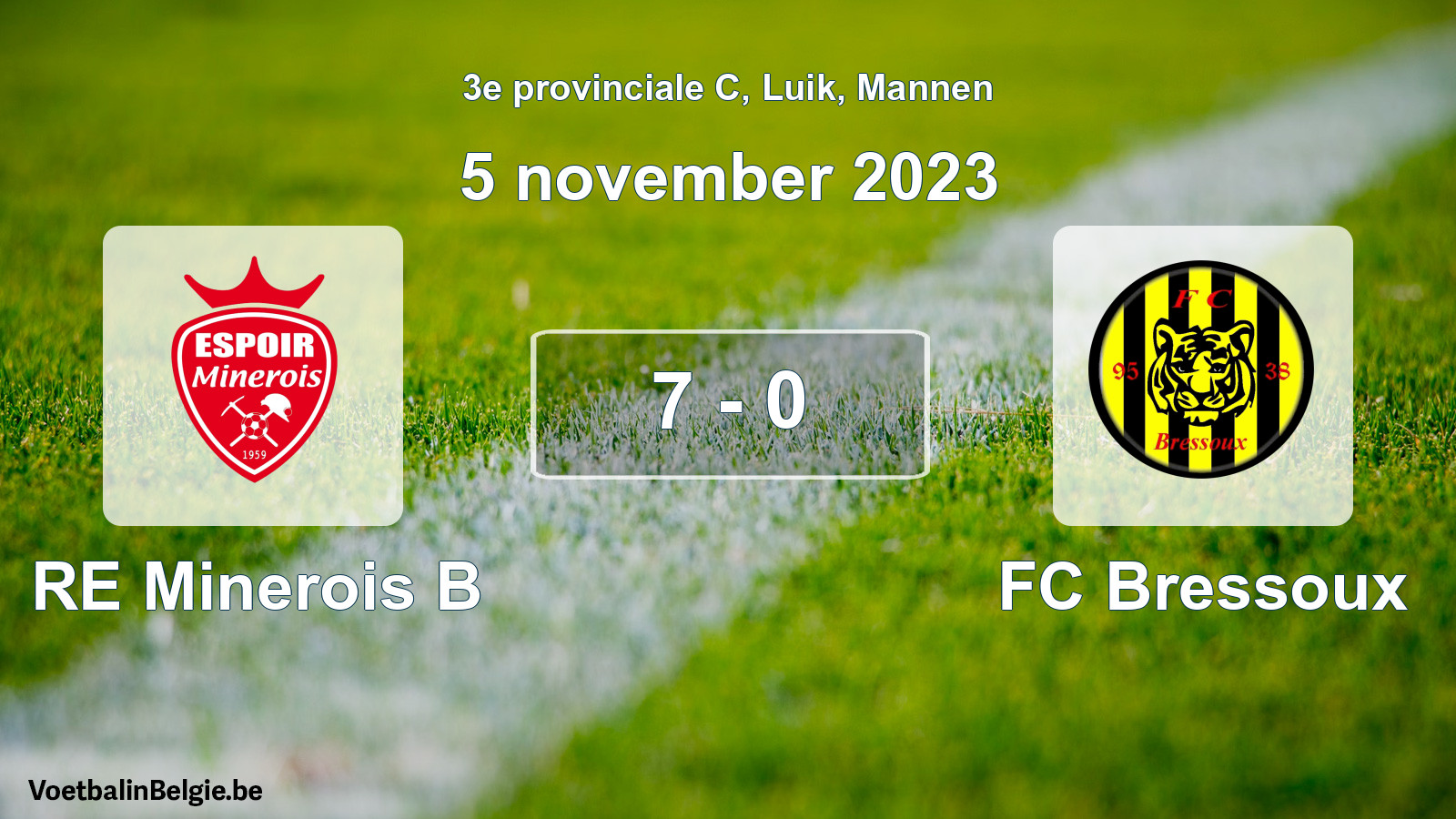 Gespeelde wedstrijd mannenvoetbal: RE Minerois B - FC Bressoux 7 - 0 (5 november 2023)