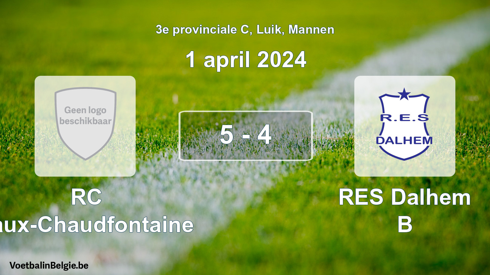 Gespeelde wedstrijd mannenvoetbal: RC Vaux-Chaudfontaine - RES Dalhem B 5 - 4 (1 april 2024)