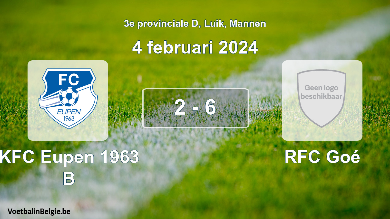 Gespeelde wedstrijd mannenvoetbal: KFC Eupen 1963 B - RFC Goé 2 - 6 (4 februari 2024)