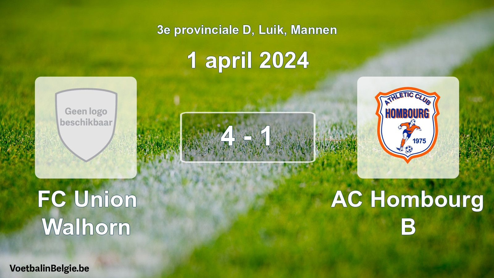 Gespeelde wedstrijd mannenvoetbal: FC Union Walhorn - AC Hombourg B 4 - 1 (1 april 2024)