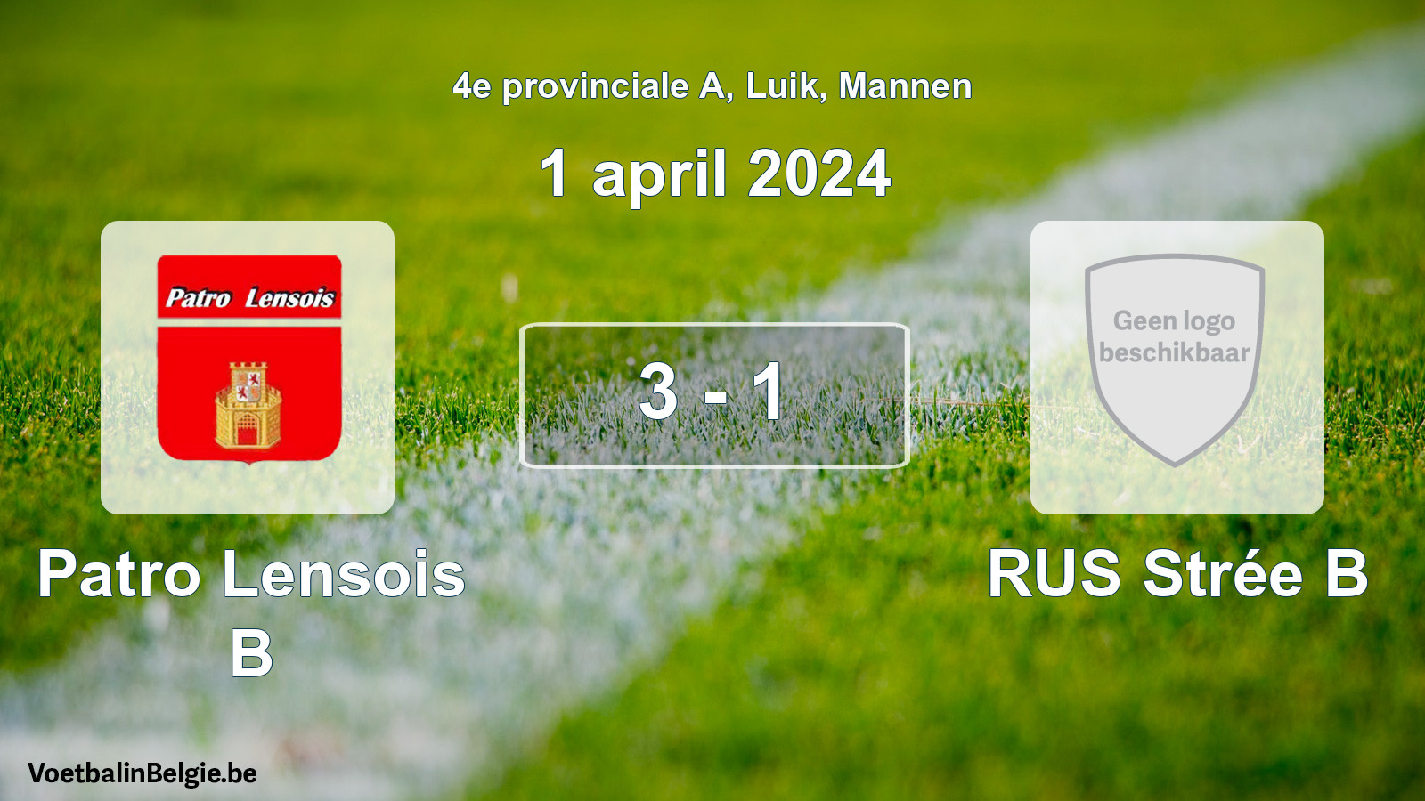 Gespeelde wedstrijd mannenvoetbal: Patro Lensois B - RUS Strée B 3 - 1 (1 april 2024)