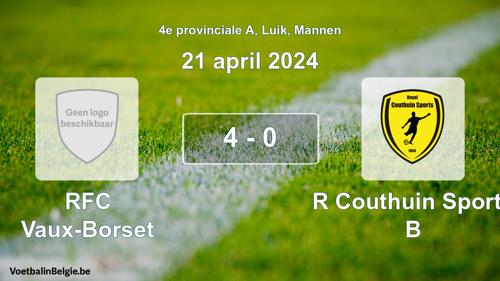 Gespeelde wedstrijd mannenvoetbal: RFC Vaux-Borset - R Couthuin Sports B 4 - 0 (21 april 2024)