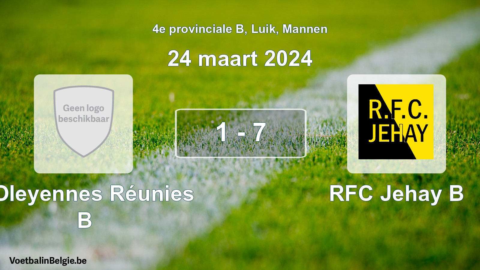Gespeelde wedstrijd mannenvoetbal: J Oleyennes Réunies B - RFC Jehay B 1 - 7 (24 maart 2024)
