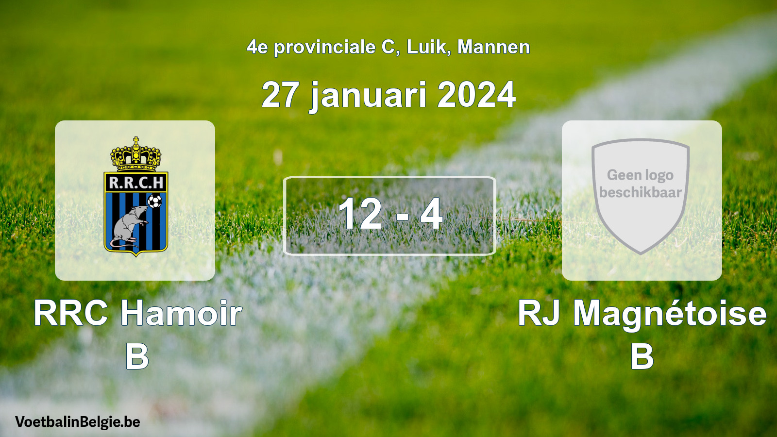 Gespeelde wedstrijd mannenvoetbal: RRC Hamoir B - RJ Magnétoise B 12 - 4 (27 januari 2024)