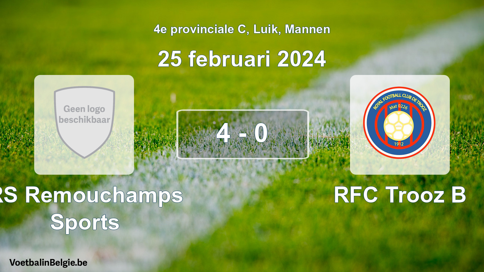 Gespeelde wedstrijd mannenvoetbal: RS Remouchamps Sports - RFC Trooz B 4 - 0 (25 februari 2024)