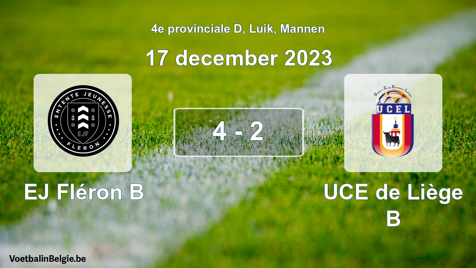 Gespeelde wedstrijd mannenvoetbal: EJ Fléron B - UCE de Liège B 4 - 2 (17 december 2023)