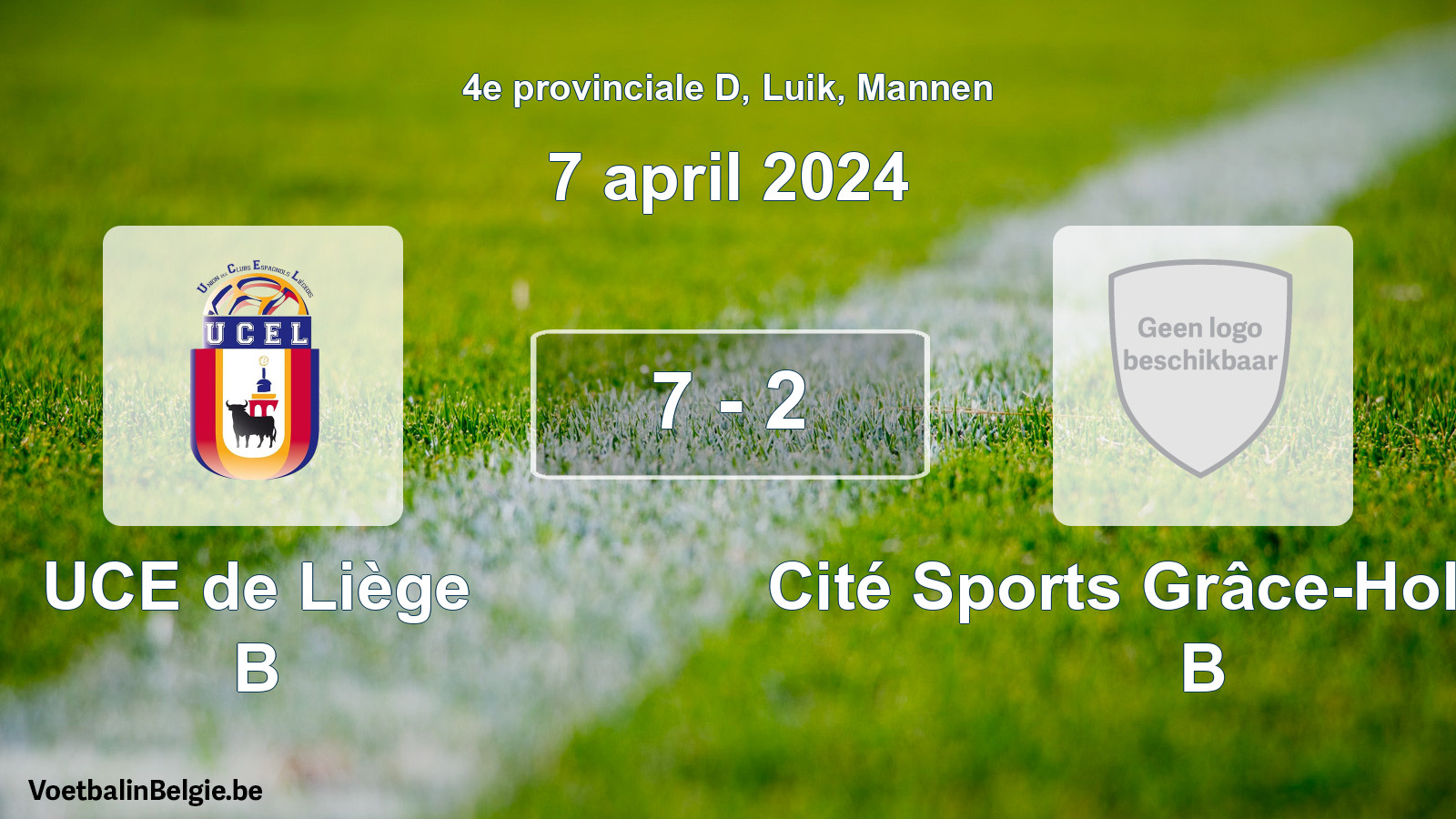 Gespeelde wedstrijd mannenvoetbal: UCE de Liège B - Cité Sports Grâce-Hollogne B 7 - 2 (7 april 2024)