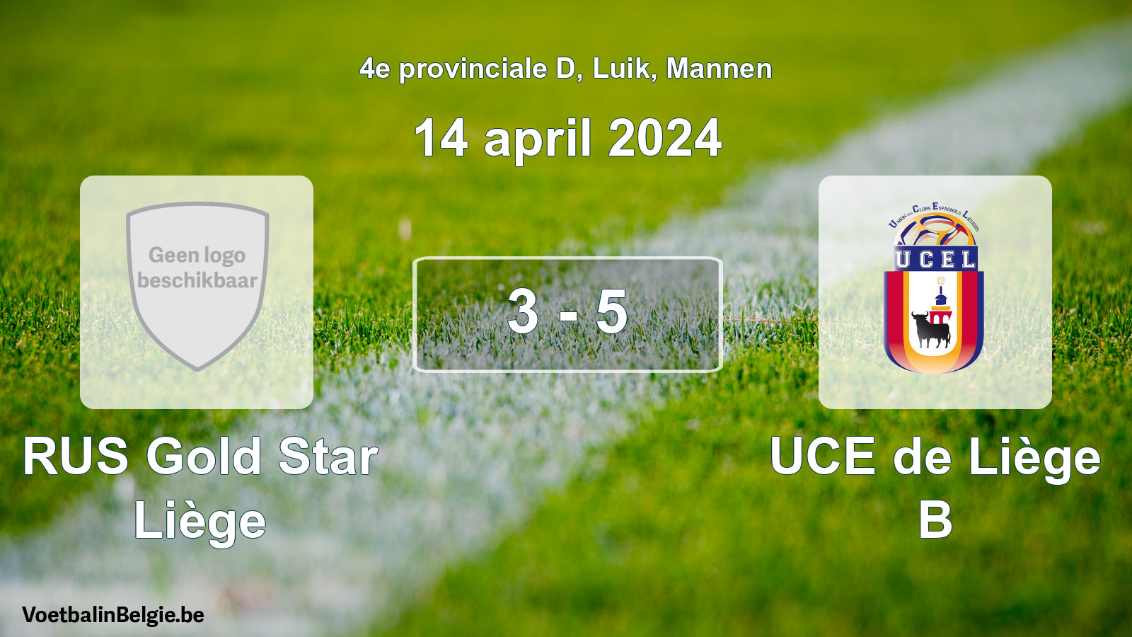 Gespeelde wedstrijd mannenvoetbal: RUS Gold Star Liège - UCE de Liège B 3 - 5 (14 april 2024)