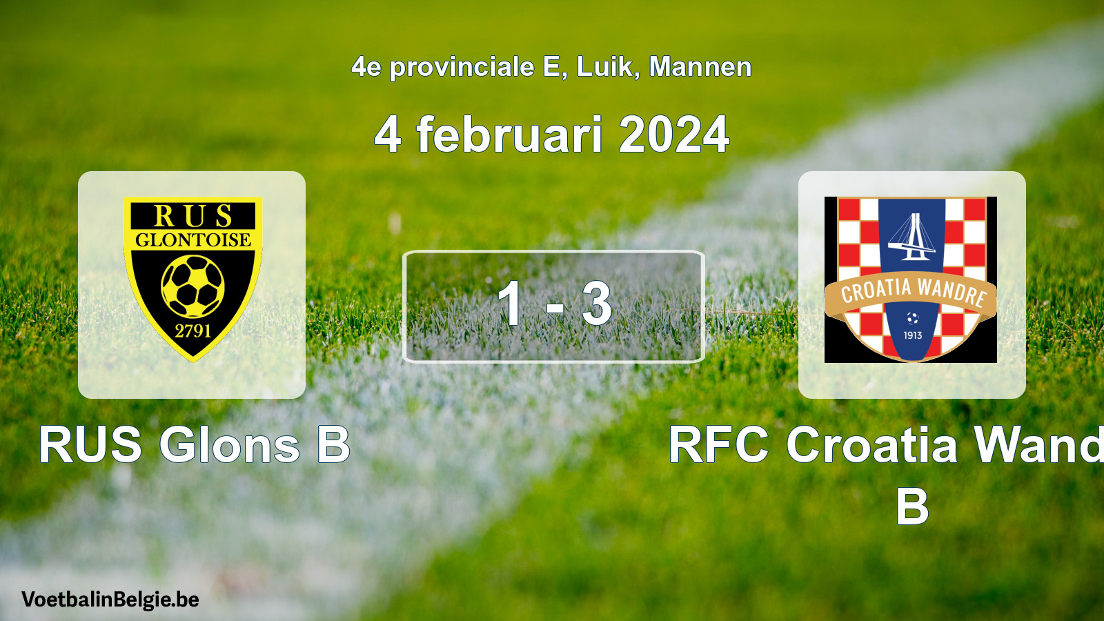 Gespeelde wedstrijd mannenvoetbal: RUS Glons B - RFC Croatia Wandre B 1 - 3 (4 februari 2024)