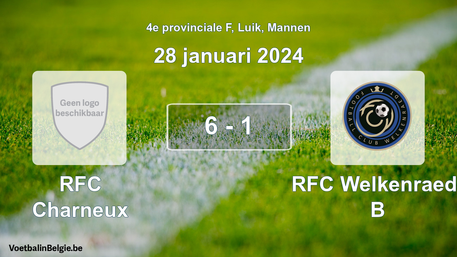 Gespeelde wedstrijd mannenvoetbal: RFC Charneux - RFC Welkenraedt B 6 - 1 (28 januari 2024)