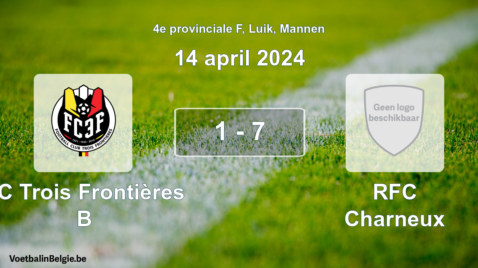 Gespeelde wedstrijd mannenvoetbal: FC Trois Frontières B - RFC Charneux 1 - 7 (14 april 2024)