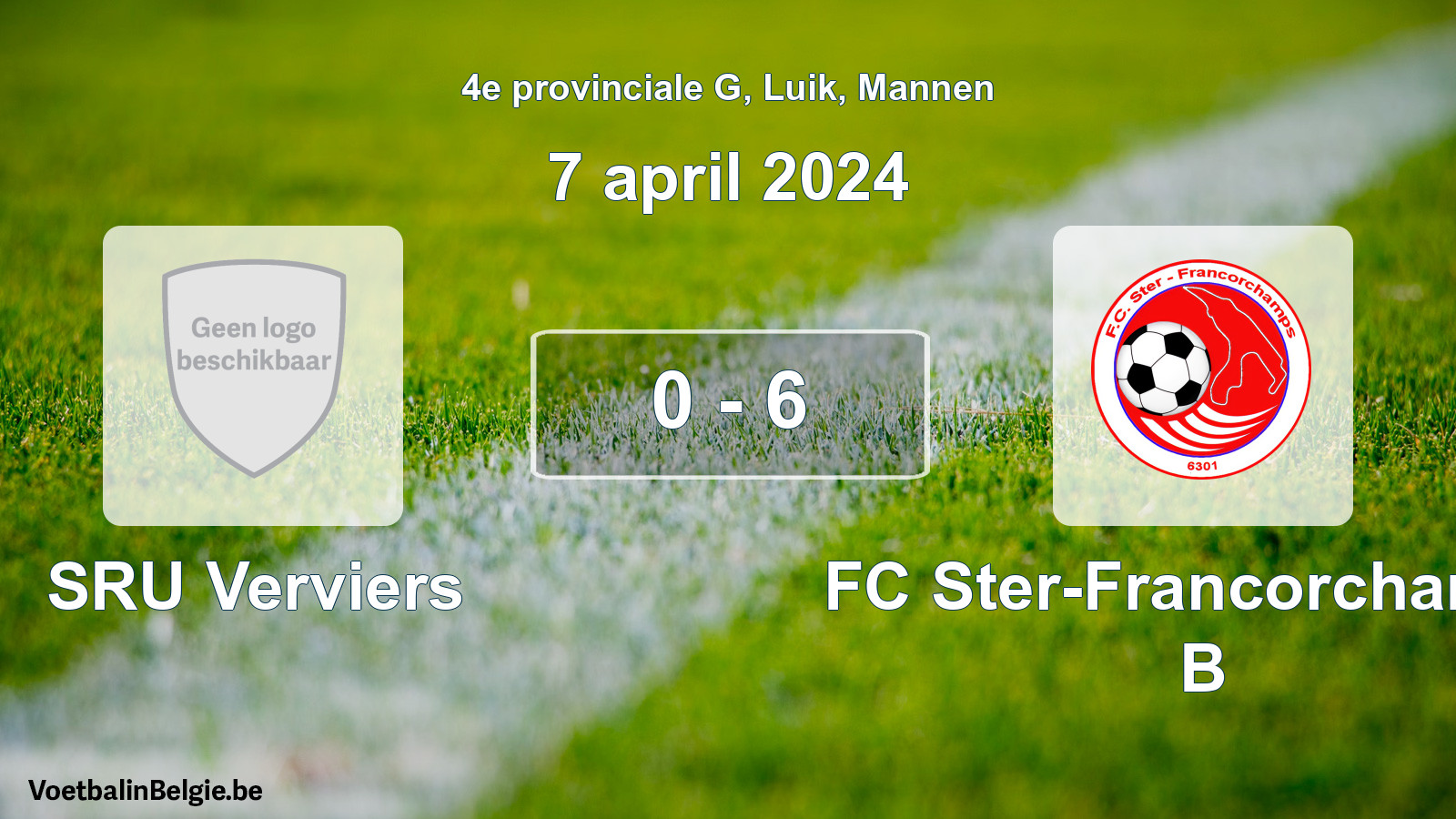 Gespeelde wedstrijd mannenvoetbal: SRU Verviers - FC Ster-Francorchamps B 0 - 6 (7 april 2024)