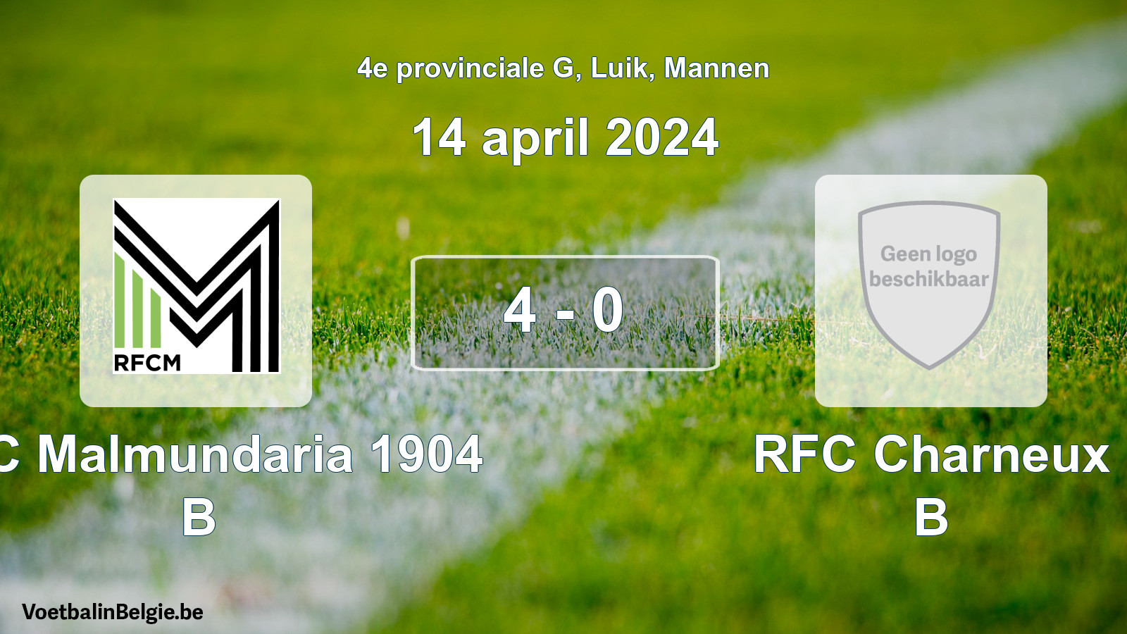 Gespeelde wedstrijd mannenvoetbal: RFC Malmundaria 1904 B - RFC Charneux B 4 - 0 (14 april 2024)