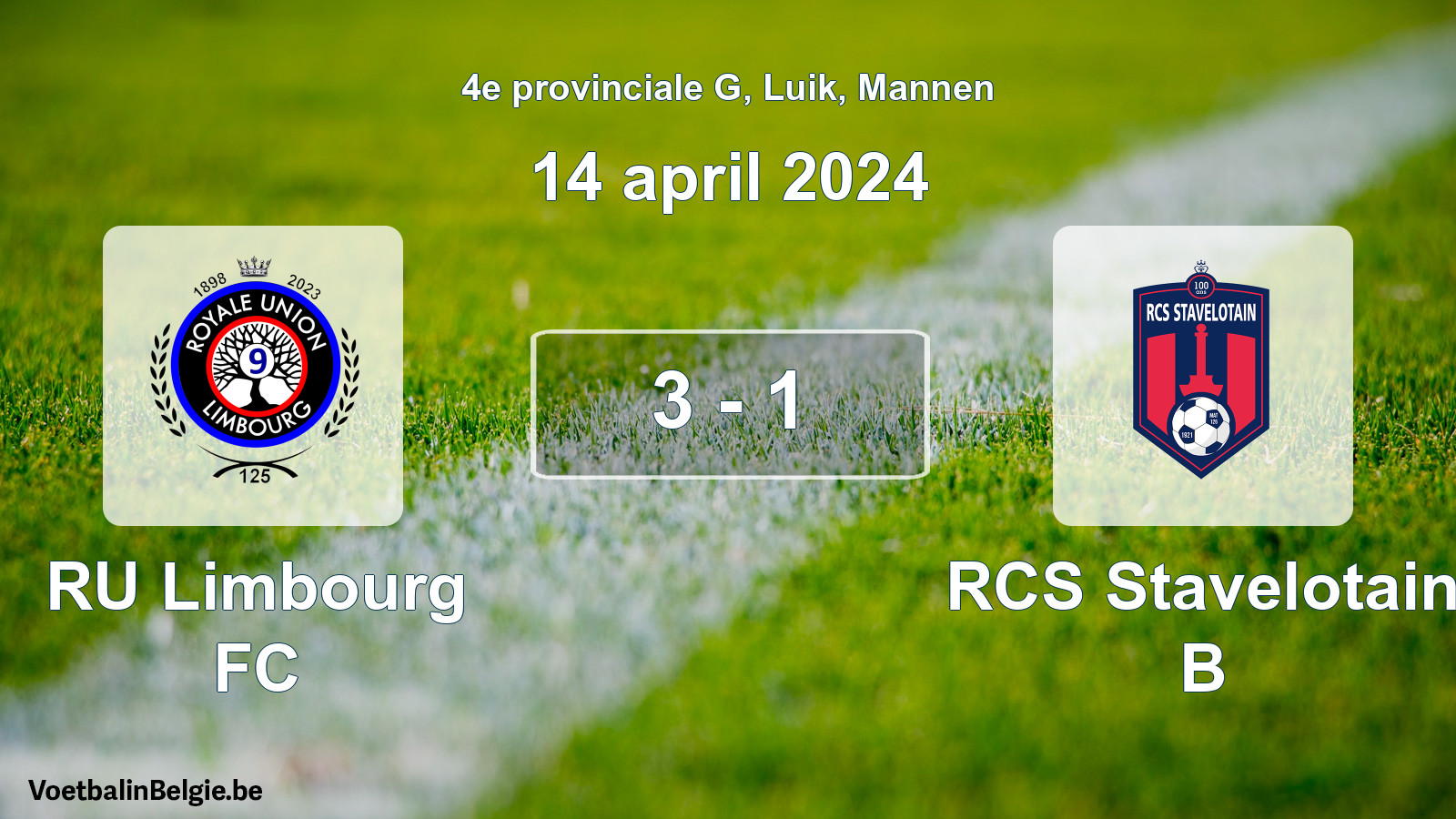 Gespeelde wedstrijd mannenvoetbal: RU Limbourg FC - RCS Stavelotain B 3 - 1 (14 april 2024)