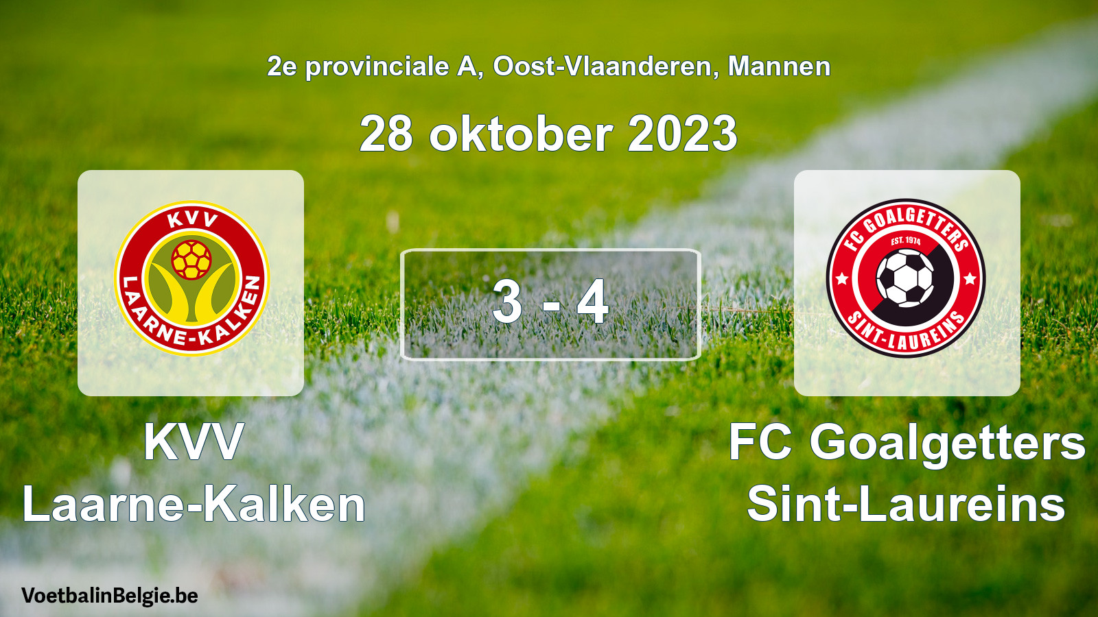 Gespeelde wedstrijd mannenvoetbal: KVV Laarne-Kalken - FC Goalgetters Sint-Laureins 3 - 4 (28 oktober 2023)
