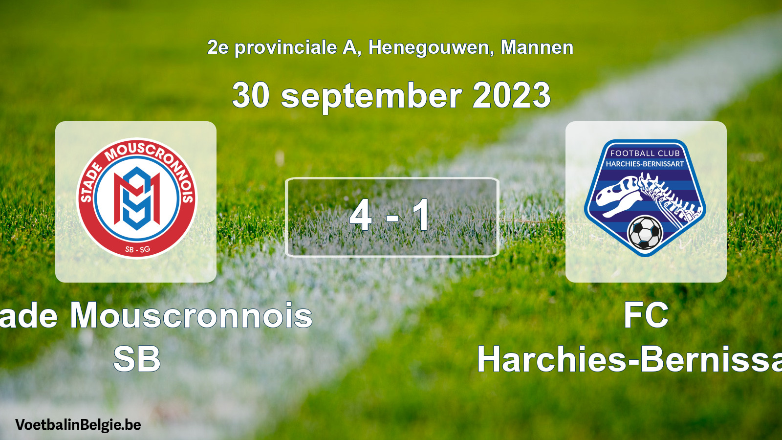 Gespeelde wedstrijd mannenvoetbal: Stade Mouscronnois SB - FC Harchies-Bernissart 4 - 1 (30 september 2023)