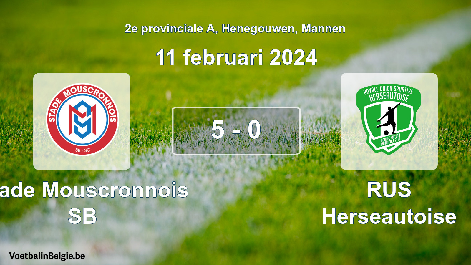 Gespeelde wedstrijd mannenvoetbal: Stade Mouscronnois SB - RUS Herseautoise 5 - 0 (11 februari 2024)