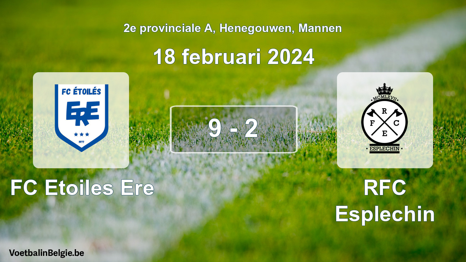 Gespeelde wedstrijd mannenvoetbal: FC Etoiles Ere - RFC Esplechin 9 - 2 (18 februari 2024)