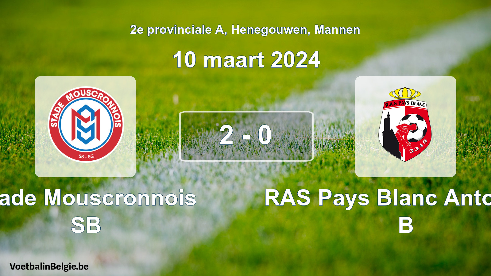 Gespeelde wedstrijd mannenvoetbal: Stade Mouscronnois SB - RAS Pays Blanc Antoinien B 2 - 0 (10 maart 2024)