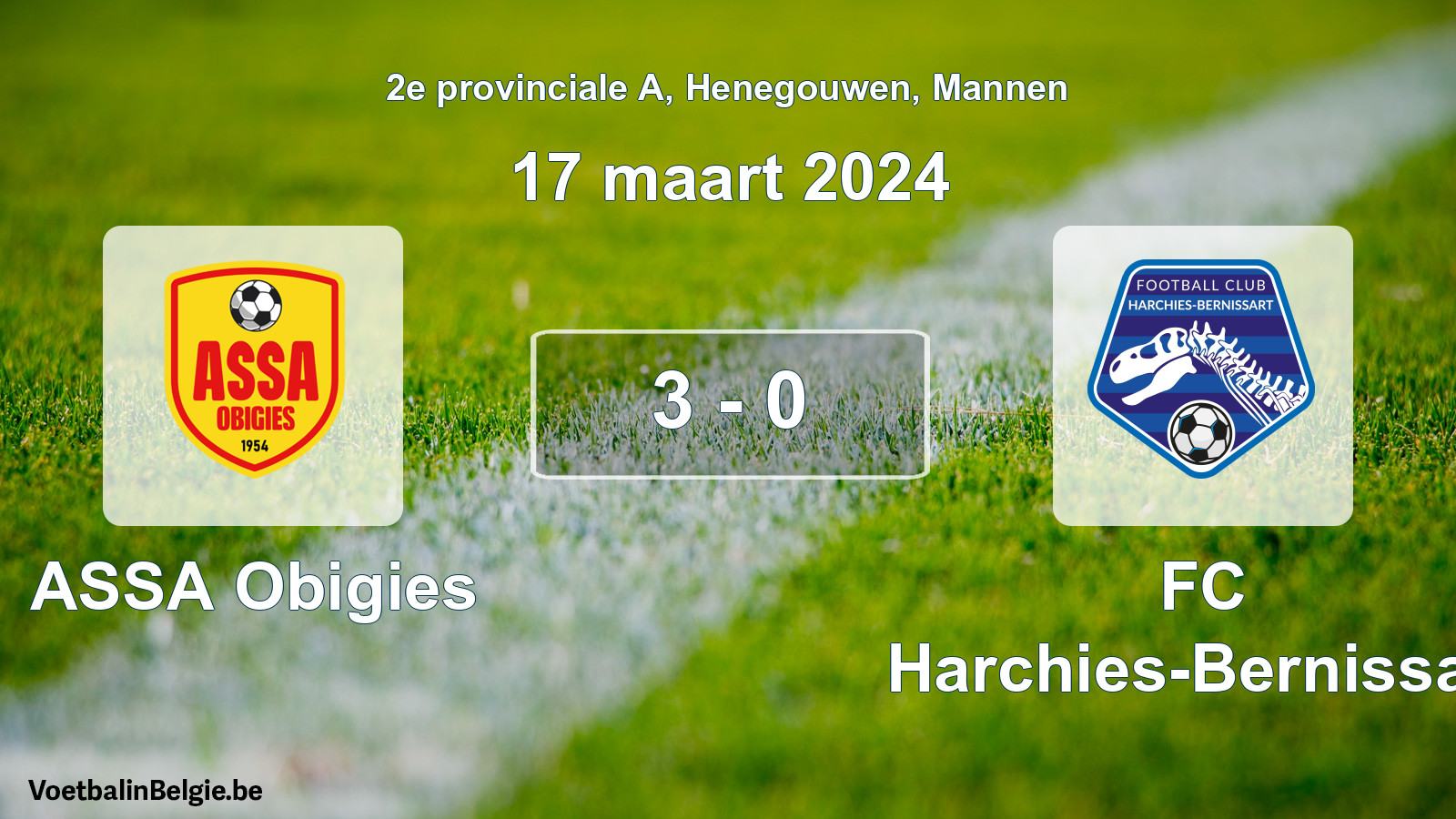 Gespeelde wedstrijd mannenvoetbal: ASSA Obigies - FC Harchies-Bernissart 3 - 0 (17 maart 2024)