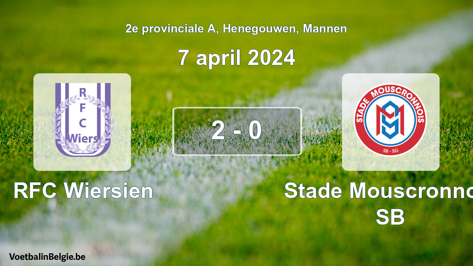 Gespeelde wedstrijd mannenvoetbal: RFC Wiersien - Stade Mouscronnois SB 2 - 0 (7 april 2024)