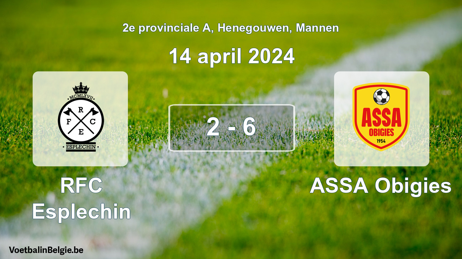 Gespeelde wedstrijd mannenvoetbal: RFC Esplechin - ASSA Obigies 2 - 6 (14 april 2024)