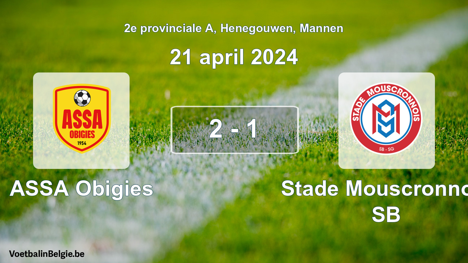 Gespeelde wedstrijd mannenvoetbal: ASSA Obigies - Stade Mouscronnois SB 2 - 1 (21 april 2024)
