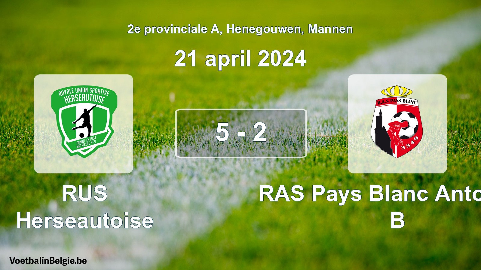 Gespeelde wedstrijd mannenvoetbal: RUS Herseautoise - RAS Pays Blanc Antoinien B 5 - 2 (21 april 2024)