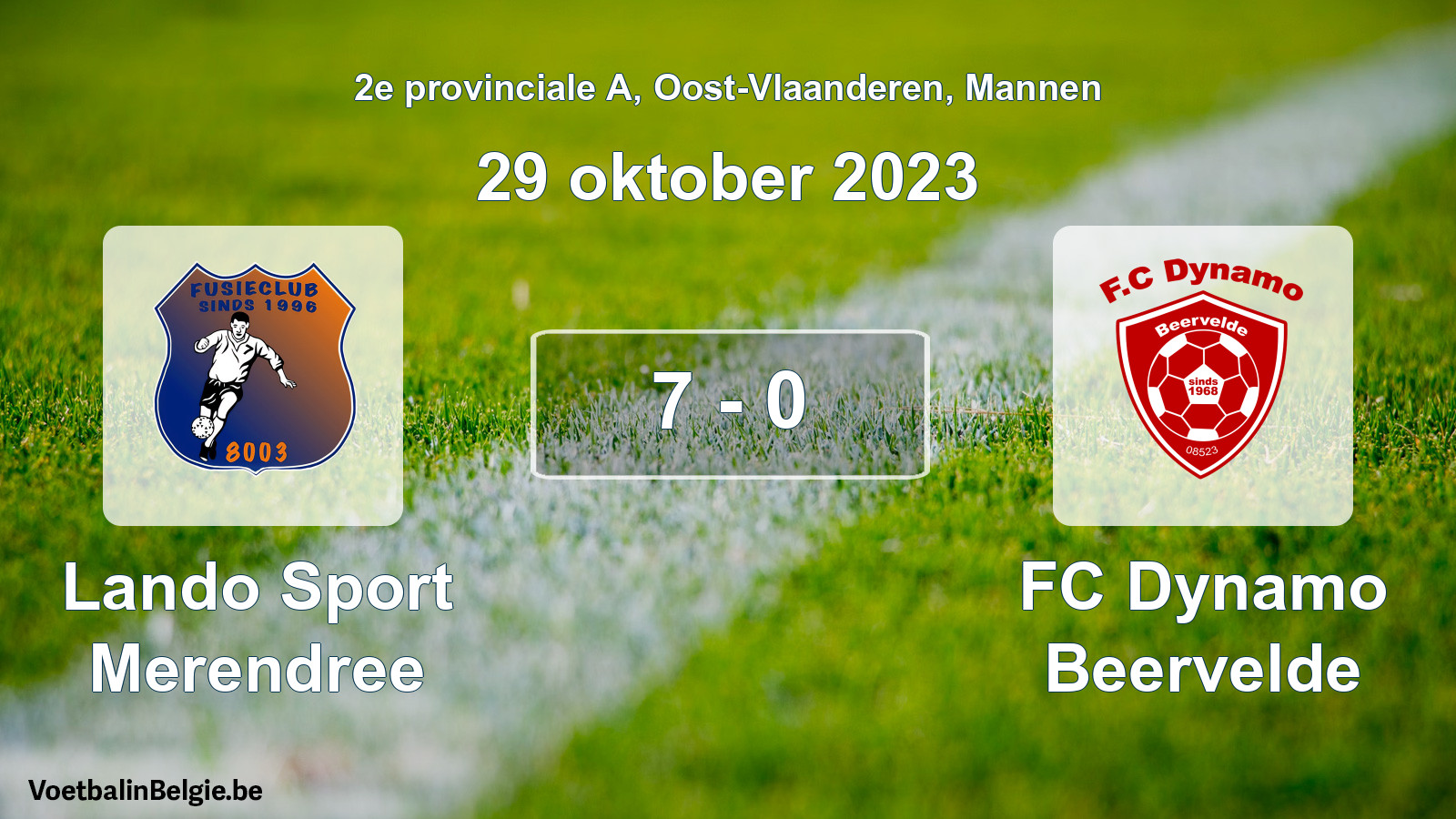 Gespeelde wedstrijd mannenvoetbal: Lando Sport Merendree - FC Dynamo Beervelde 7 - 0 (29 oktober 2023)