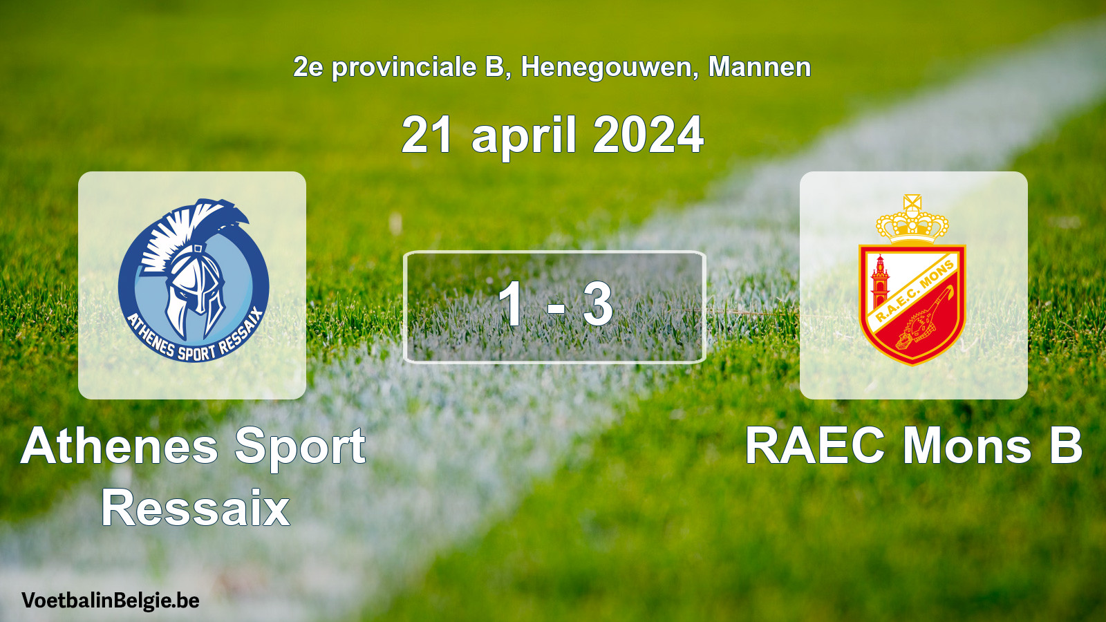 Gespeelde wedstrijd mannenvoetbal: Athenes Sport Ressaix - RAEC Mons B 1 - 3 (21 april 2024)