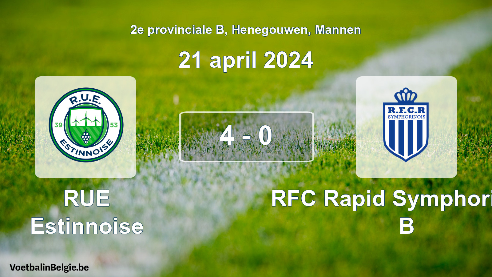 Gespeelde wedstrijd mannenvoetbal: RUE Estinnoise - RFC Rapid Symphorinois B 4 - 0 (21 april 2024)