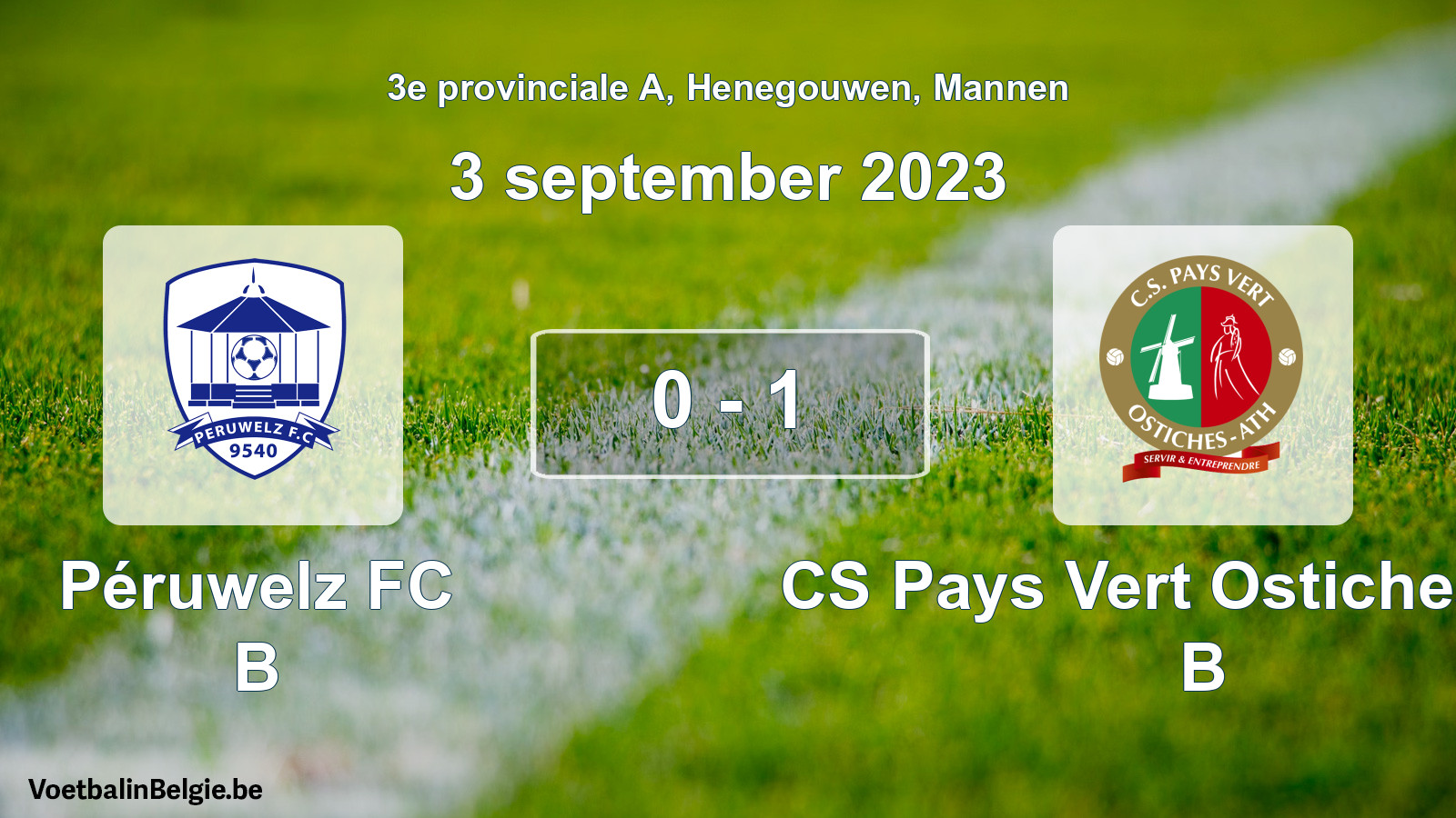 Gespeelde wedstrijd mannenvoetbal: Péruwelz FC B - CS Pays Vert Ostiches-Ath B 0 - 1 (3 september 2023)
