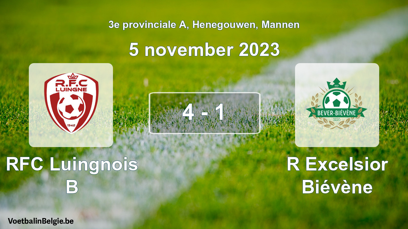Gespeelde wedstrijd mannenvoetbal: RFC Luingnois B - R Excelsior Biévène 4 - 1 (5 november 2023)