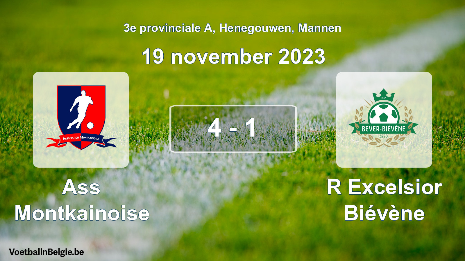 Gespeelde wedstrijd mannenvoetbal: Ass Montkainoise - R Excelsior Biévène 4 - 1 (19 november 2023)