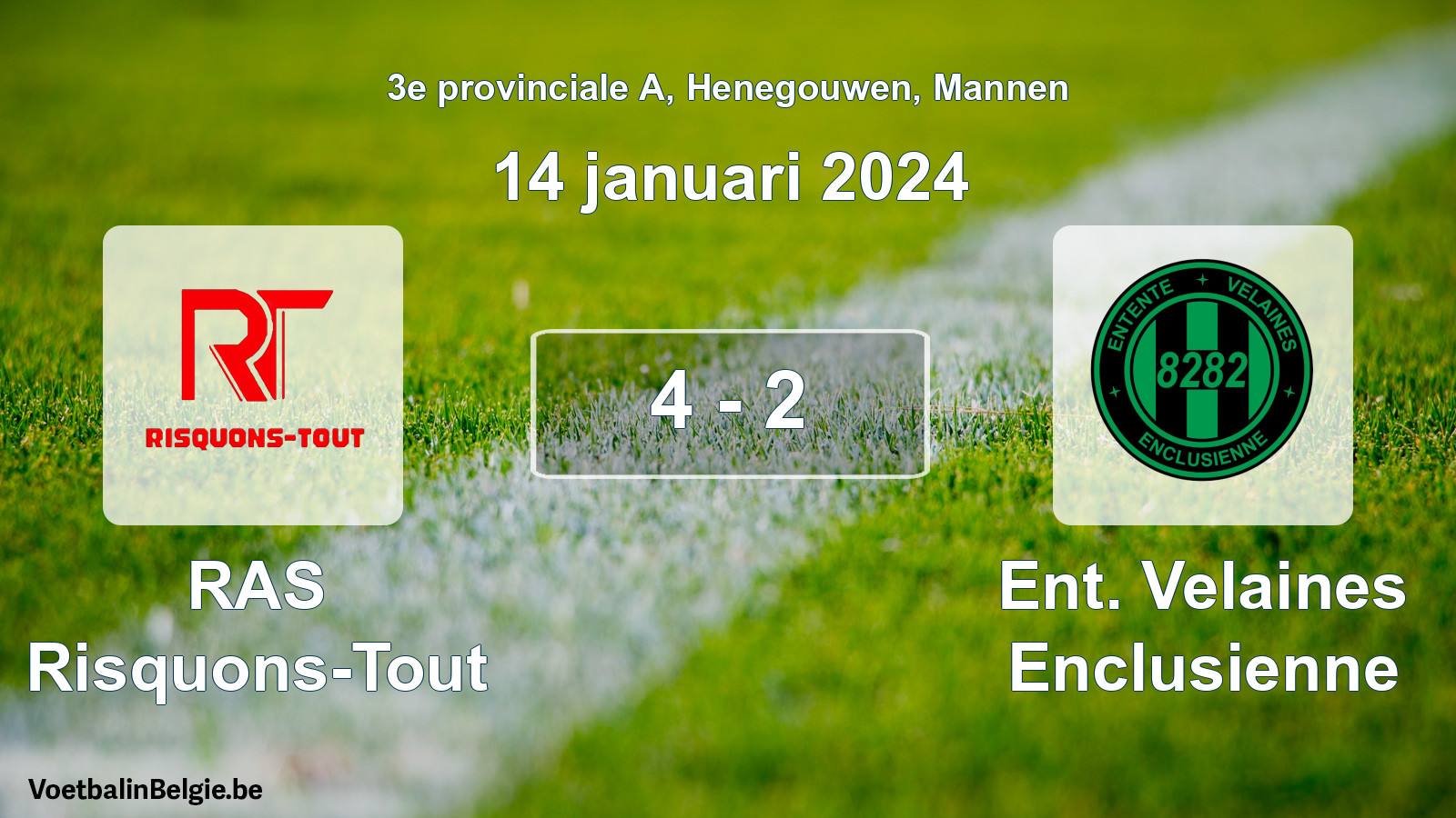 Gespeelde wedstrijd mannenvoetbal: RAS Risquons-Tout - Ent. Velaines Enclusienne 4 - 2 (14 januari 2024)