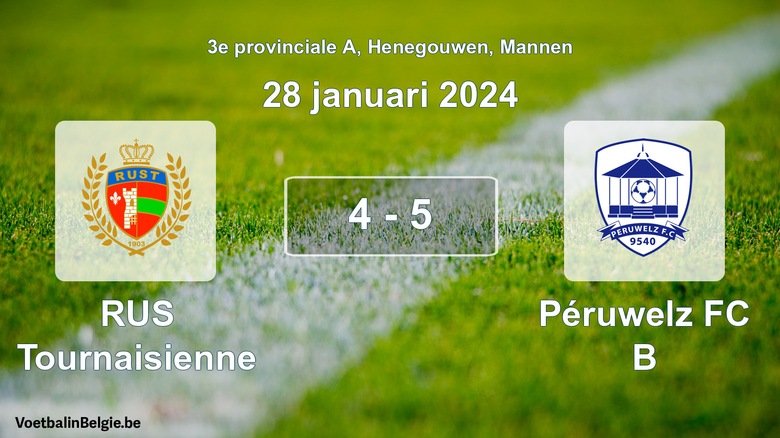 Gespeelde wedstrijd mannenvoetbal: RUS Tournaisienne - Péruwelz FC B 4 - 5 (28 januari 2024)