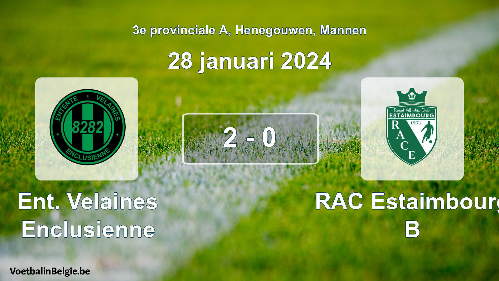 Gespeelde wedstrijd mannenvoetbal: Ent. Velaines Enclusienne - RAC Estaimbourg B 2 - 0 (28 januari 2024)