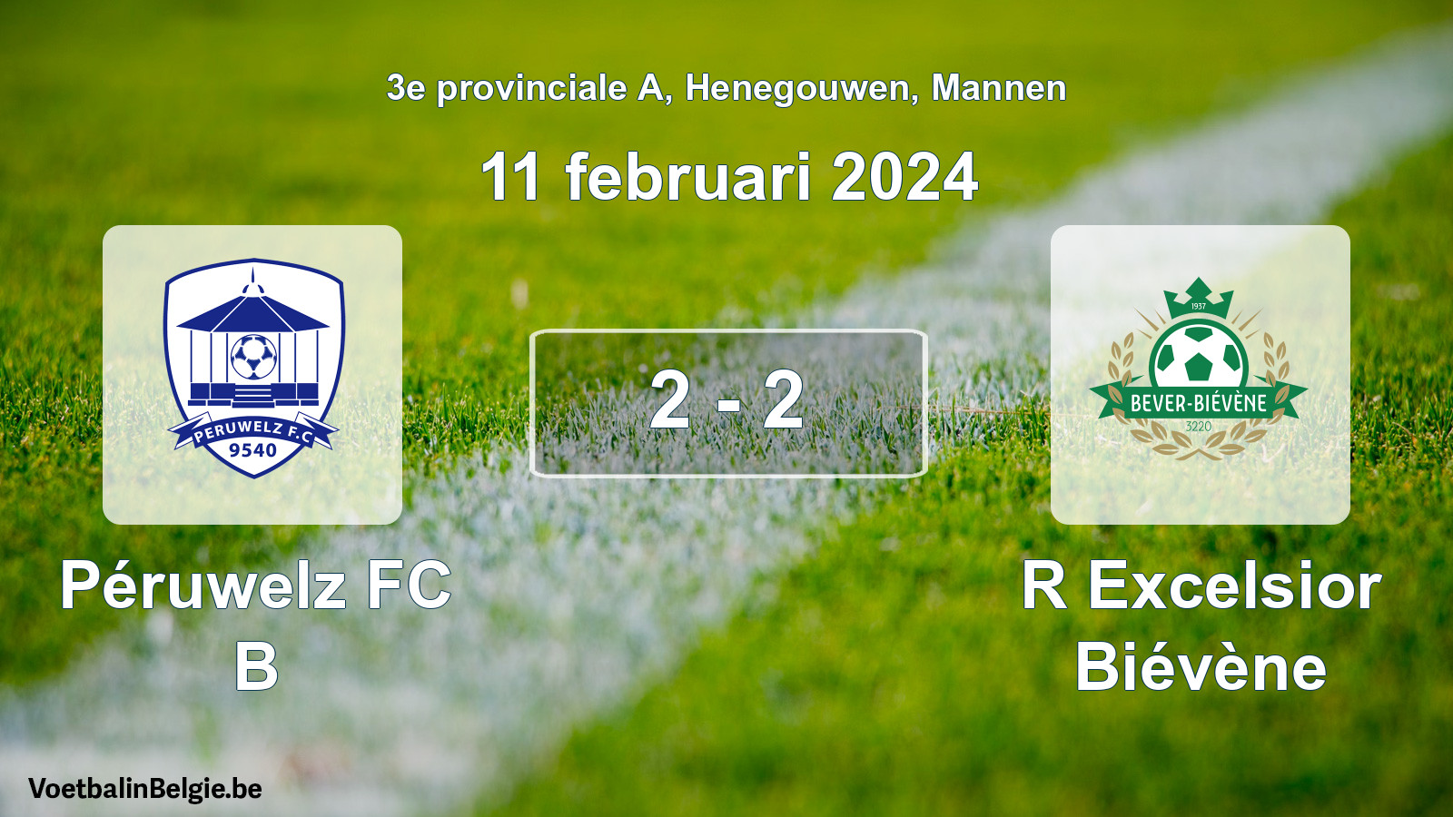 Gespeelde wedstrijd mannenvoetbal: Péruwelz FC B - R Excelsior Biévène 2 - 2 (11 februari 2024)