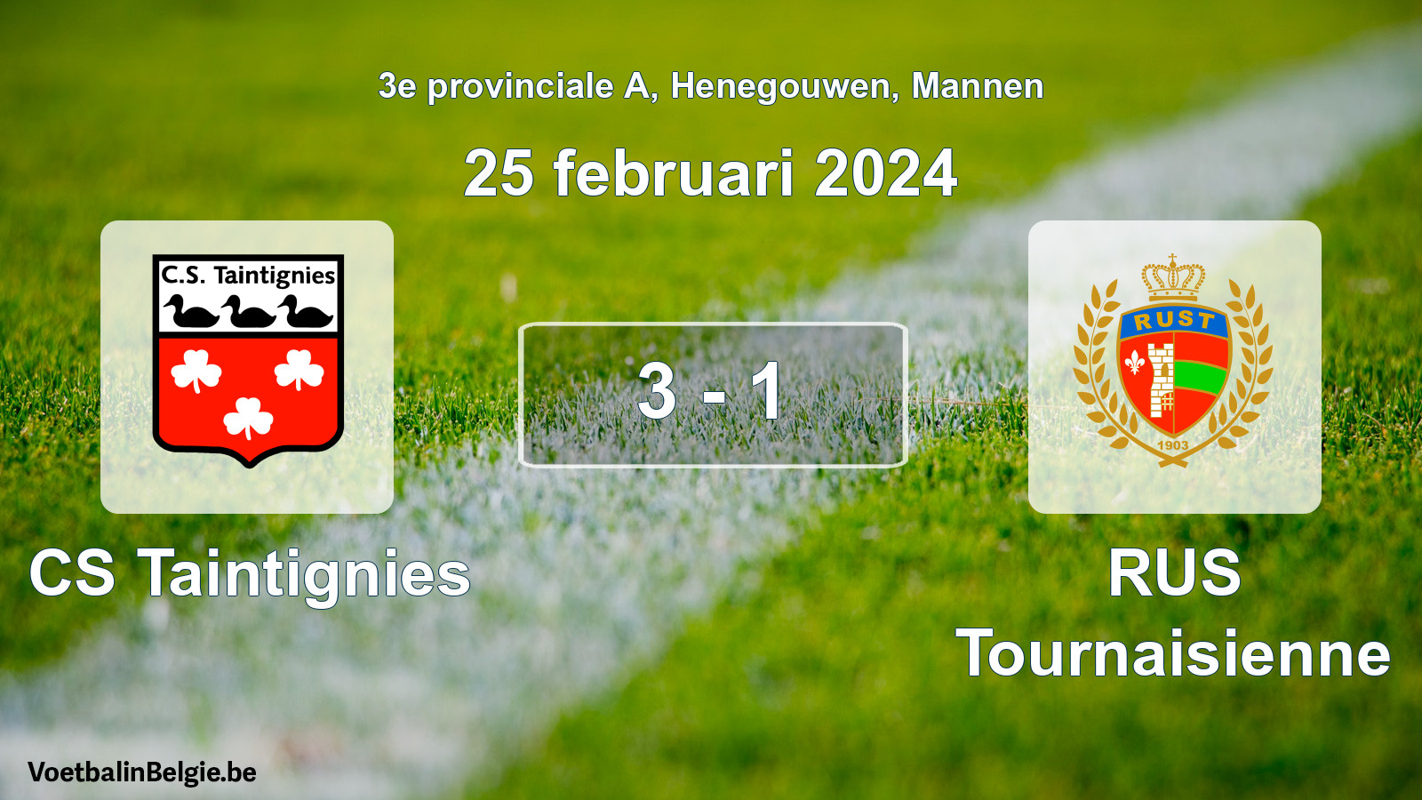 Gespeelde wedstrijd mannenvoetbal: CS Taintignies - RUS Tournaisienne 3 - 1 (25 februari 2024)