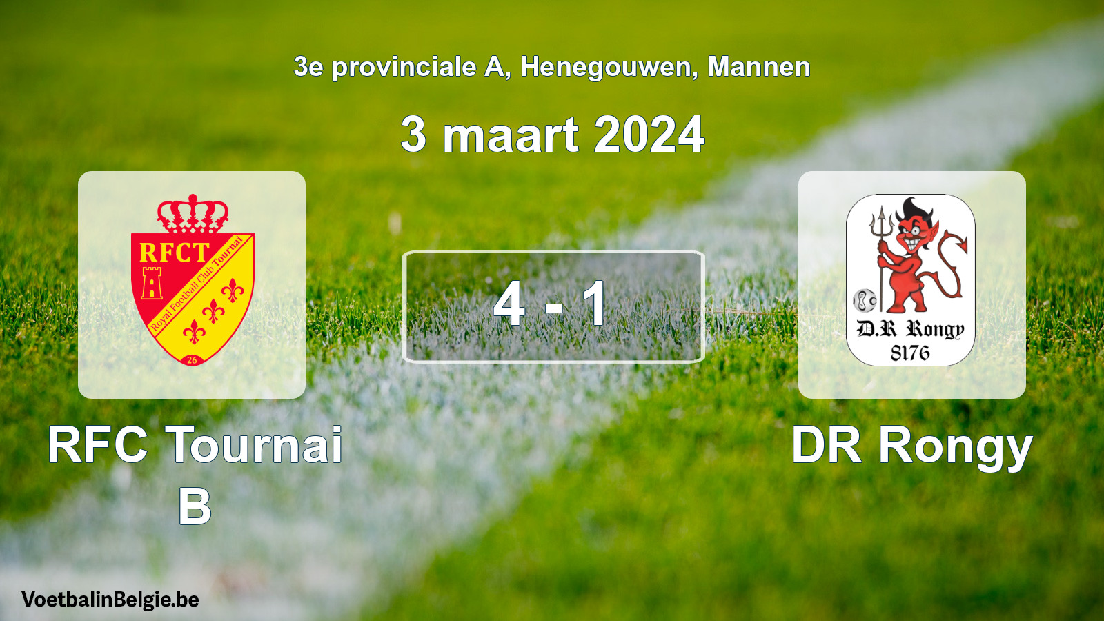 Gespeelde wedstrijd mannenvoetbal: RFC Tournai B - DR Rongy 4 - 1 (3 maart 2024)