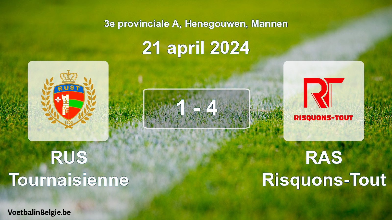 Gespeelde wedstrijd mannenvoetbal: RUS Tournaisienne - RAS Risquons-Tout 1 - 4 (21 april 2024)
