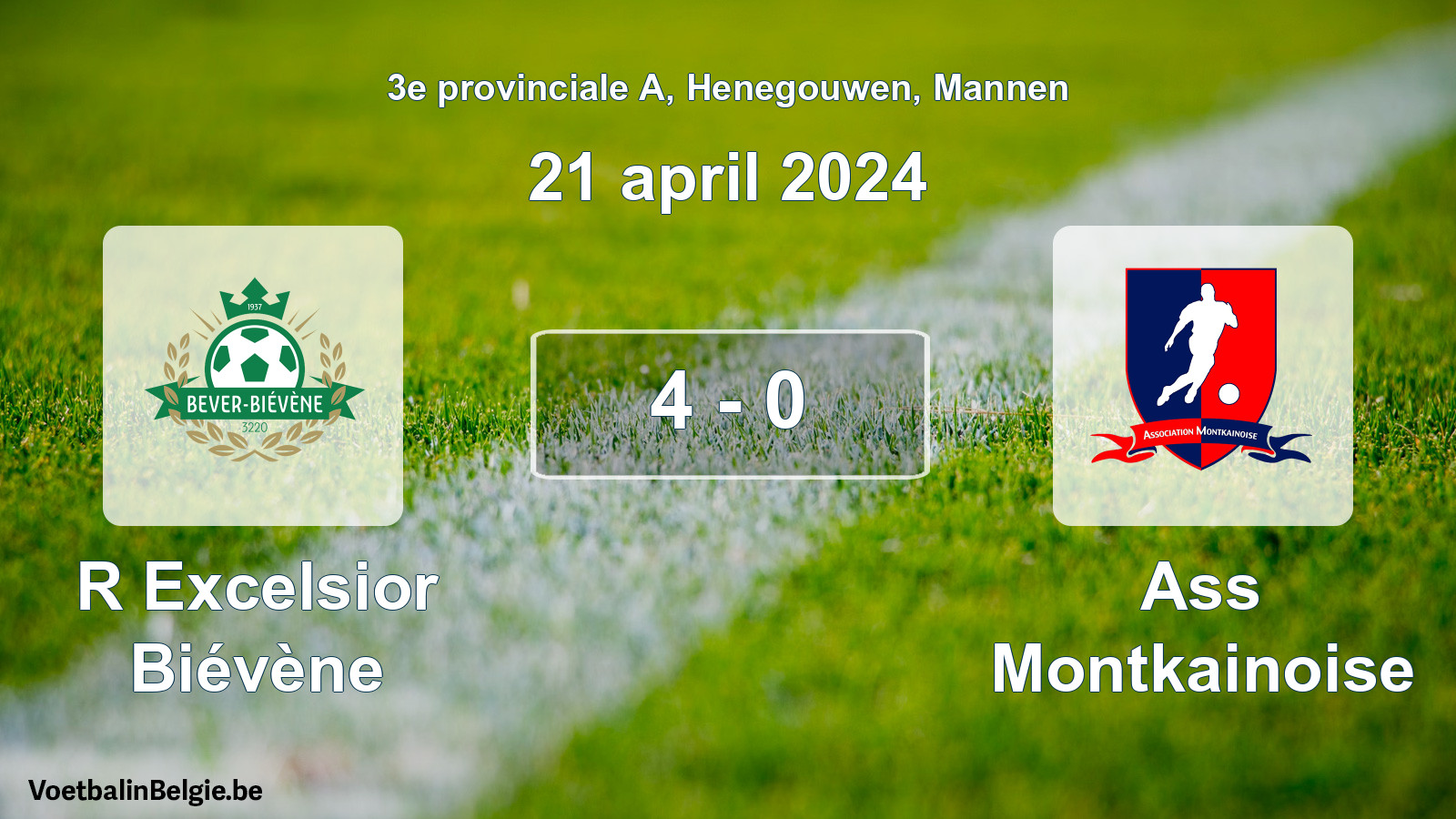Gespeelde wedstrijd mannenvoetbal: R Excelsior Biévène - Ass Montkainoise 4 - 0 (21 april 2024)