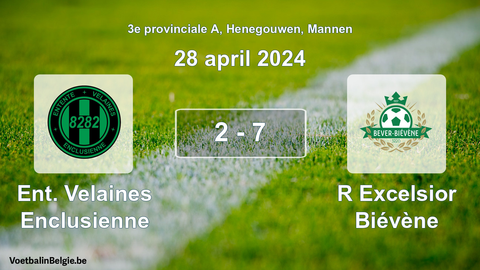Gespeelde wedstrijd mannenvoetbal: Ent. Velaines Enclusienne - R Excelsior Biévène 2 - 7 (28 april 2024)