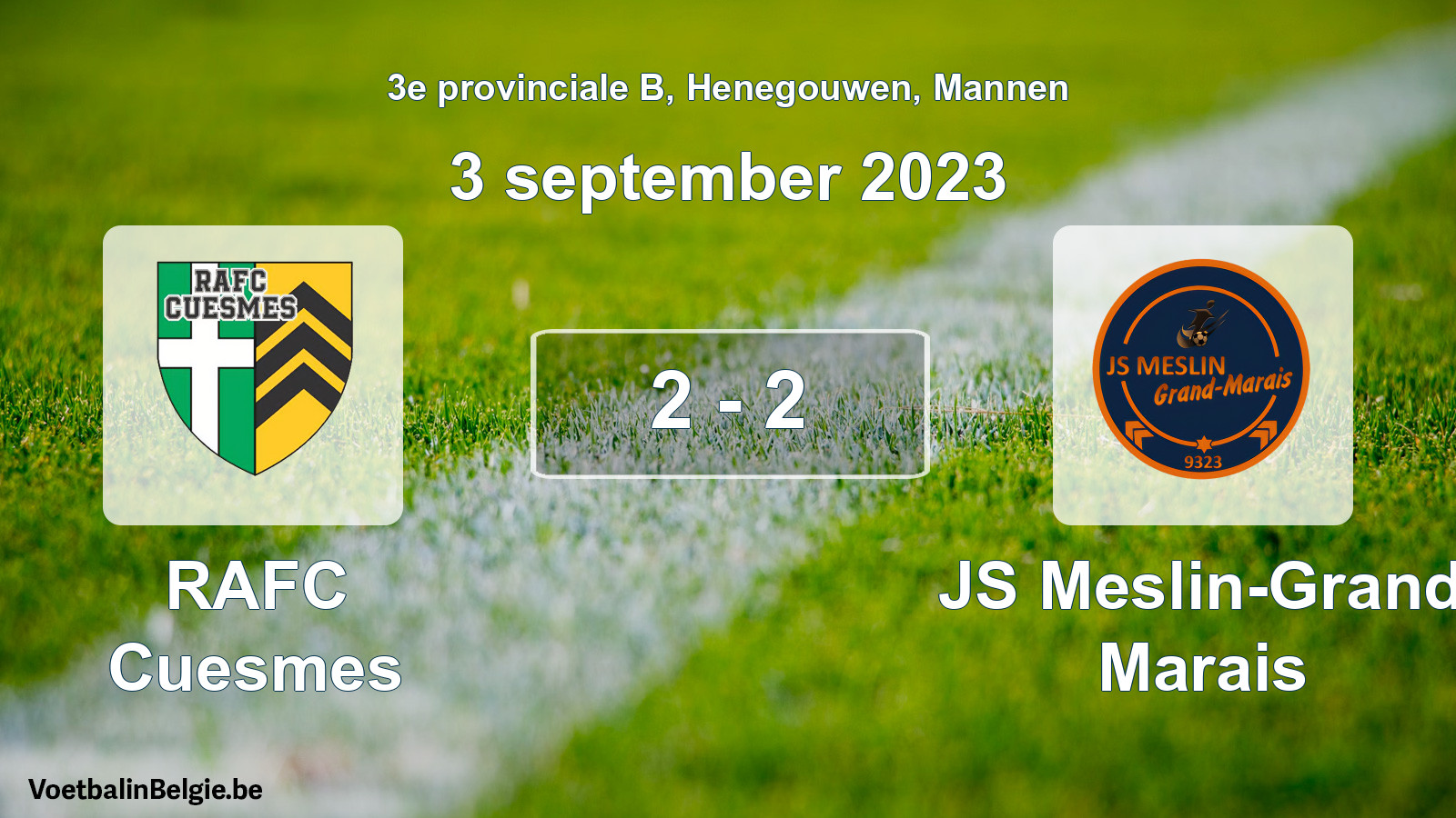 Gespeelde wedstrijd mannenvoetbal: RAFC Cuesmes - JS Meslin-Grand Marais 2 - 2 (3 september 2023)