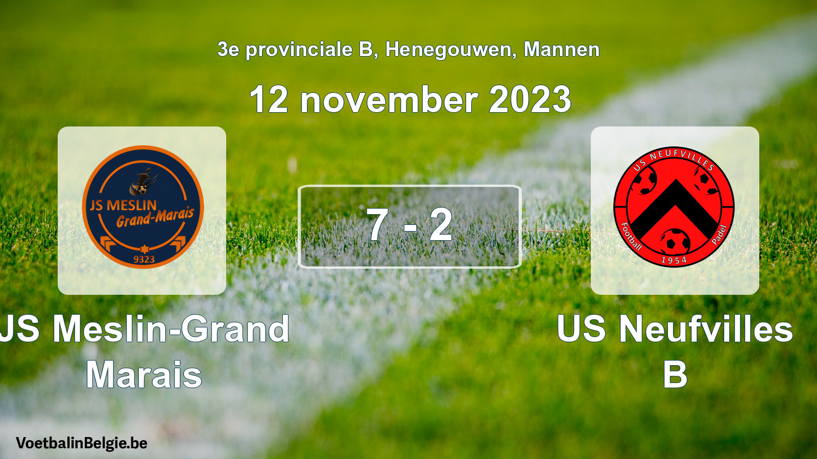 Gespeelde wedstrijd mannenvoetbal: JS Meslin-Grand Marais - US Neufvilles B 7 - 2 (12 november 2023)